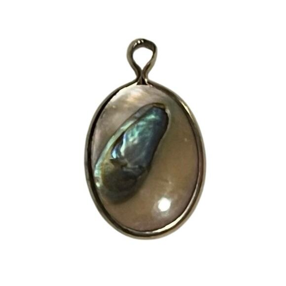 10k Yellow Gold Oval Bezel Setting Natural Abalone MOP Iridescent Pendant - Picture 1 of 9